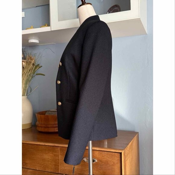 Calvin Klein Textured Open Front Jacket Gold Button Blazer Dark Navy Blue Sz 6 - Picture 3 of 8